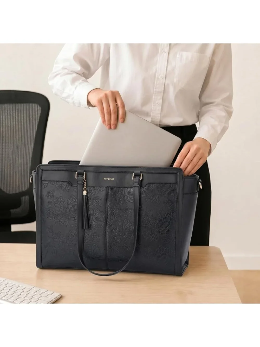 Stylish Vintage Leather Laptop Tote Bag for Women, 15.6